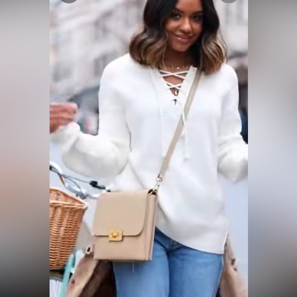 Lauren Ralph Lauren ivory lace up v-neck luxe sweater